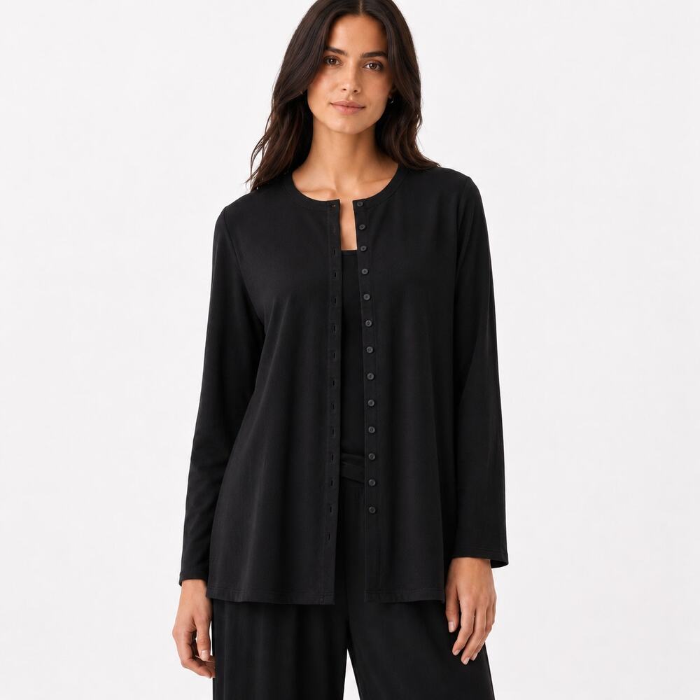 Eileen Fisher Womens Cardigan PS Petite Black Button Front Jersey Knit Stretch